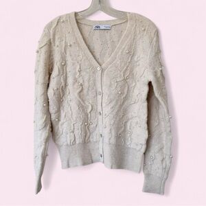 Zara Embellished Cream Beaded Sweater Cardigan